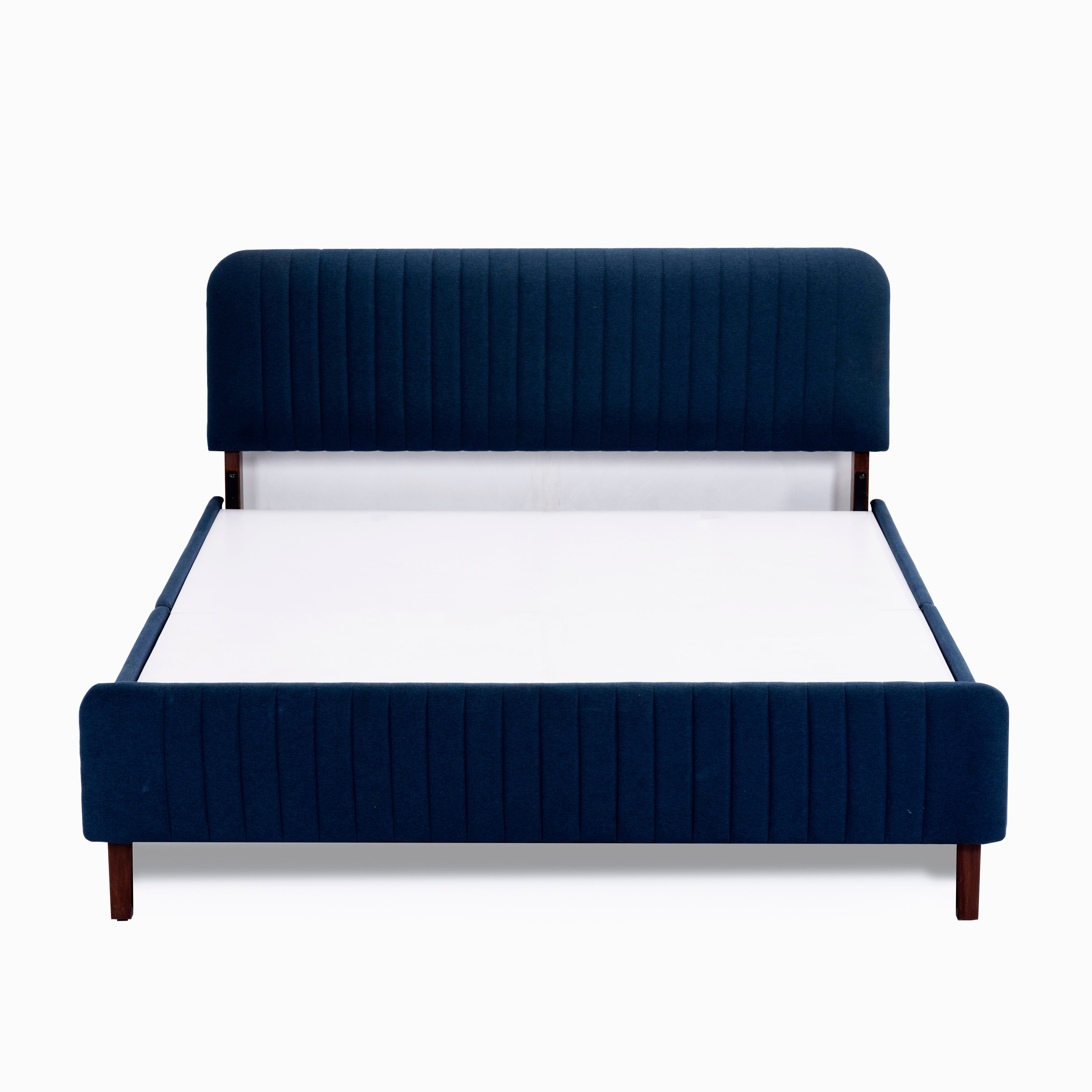 HOF Queen Size Plain Engineered Wood (Foam & Fabric Cover) Bed Without Storage| Wood Leg with Matte Finish, Melamine Polish| Blue Fabric Color