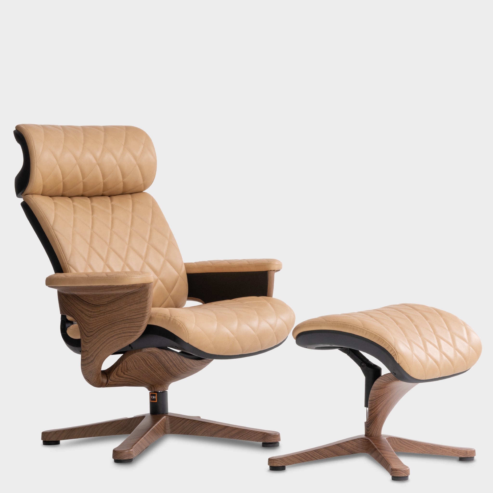 HOF Kenzo Lounge Premium Ergonomic Recliner with Ottoman in Quilted Leather & Wooden Printed Base